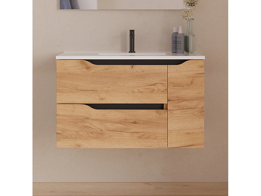 Meuble de salle de bain 80cm avec vasque centrée - 2 tiroirs et un placard - roble (chêne clair) - ZARZA