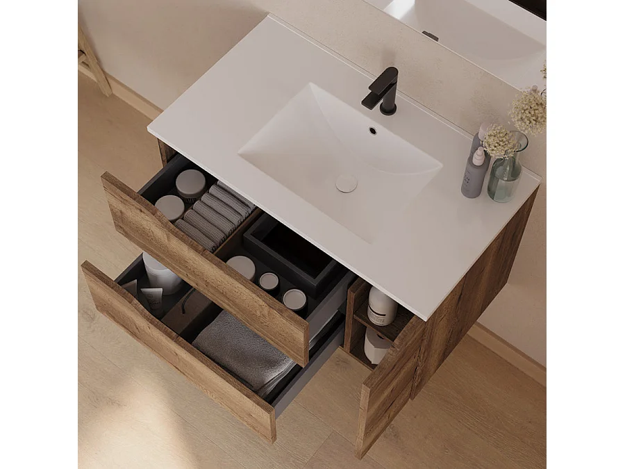 Meuble de salle de bain 80cm avec vasque centrée - 2 tiroirs et un placard - tabaco (bois foncé) - ZARZA