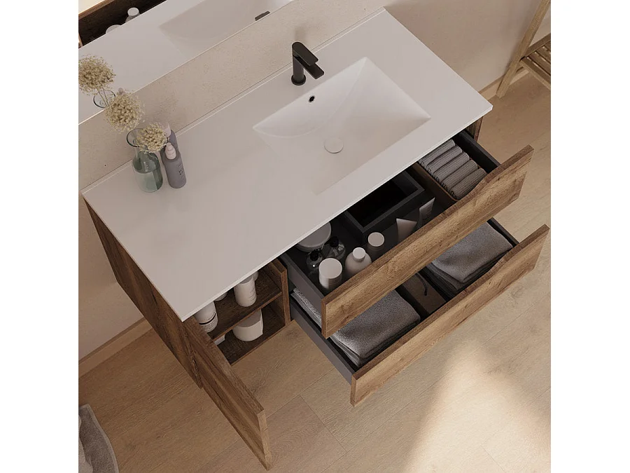 Meuble de salle de bain 100cm avec vasque déportée à droite et miroir - 2 tiroirs et un placard - tabaco (bois foncé) - ZARZA