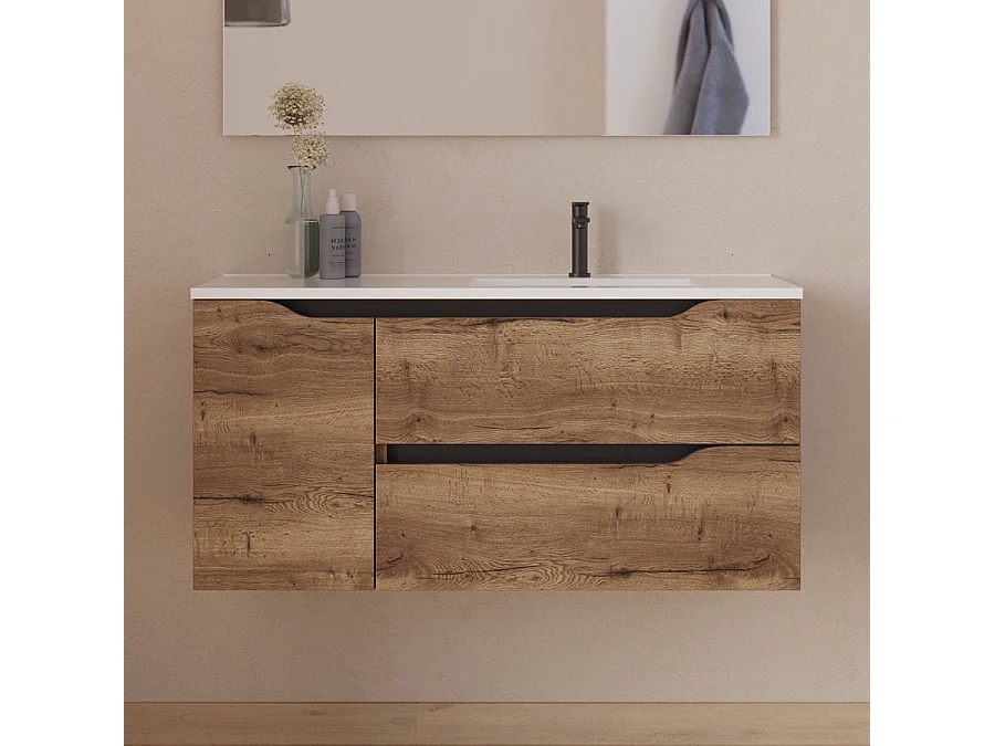 Meuble de salle de bain 100cm avec vasque déportée à droite et miroir - 2 tiroirs et un placard - tabaco (bois foncé) - ZARZA
