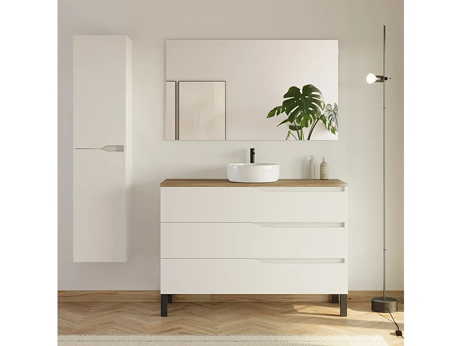 Meuble de salle de bain 120cm avec plateau et vasque ronde Ares - 3 tiroirs et colonne de rangement - blanc mat/medera miel - MATA
