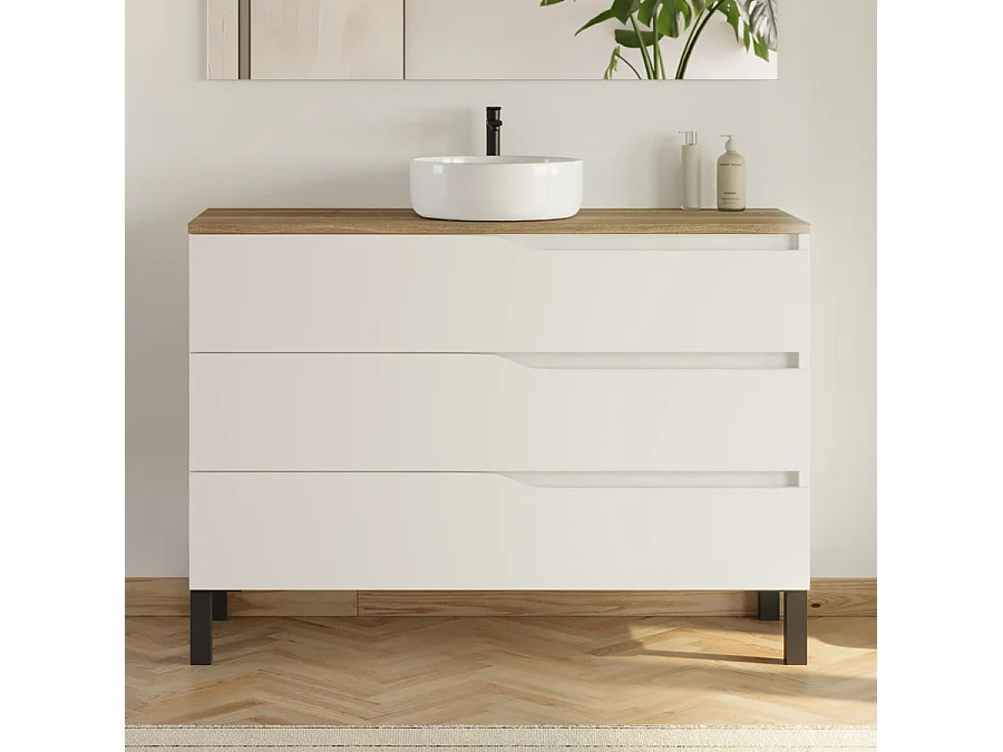 Meuble de salle de bain 120cm avec plateau et vasque ronde Ares - 3 tiroirs et colonne de rangement - blanc mat/medera miel - MATA