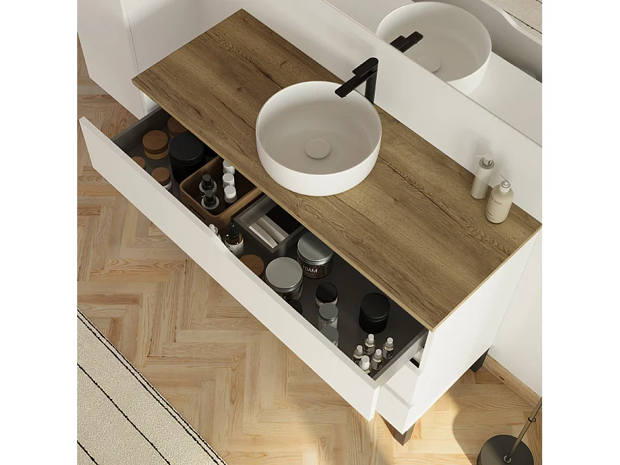 Meuble de salle de bain 120cm avec plateau et vasque ronde Ares - 3 tiroirs et colonne de rangement - blanc mat/medera miel - MATA