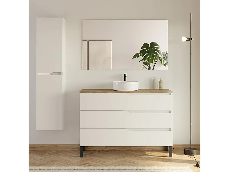 Meuble de salle de bain 120cm avec plateau et vasque ronde Ares - 3 tiroirs et colonne de rangement - blanc mat/medera miel - MATA