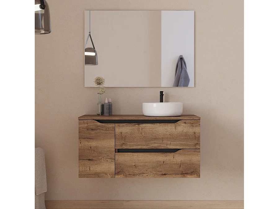 Meuble de salle de bain 100cm avec plateau et vasque à poser à droite Ares - sans miroir - 2 tiroirs et un placard - tabaco (bois foncé) - ZARZA