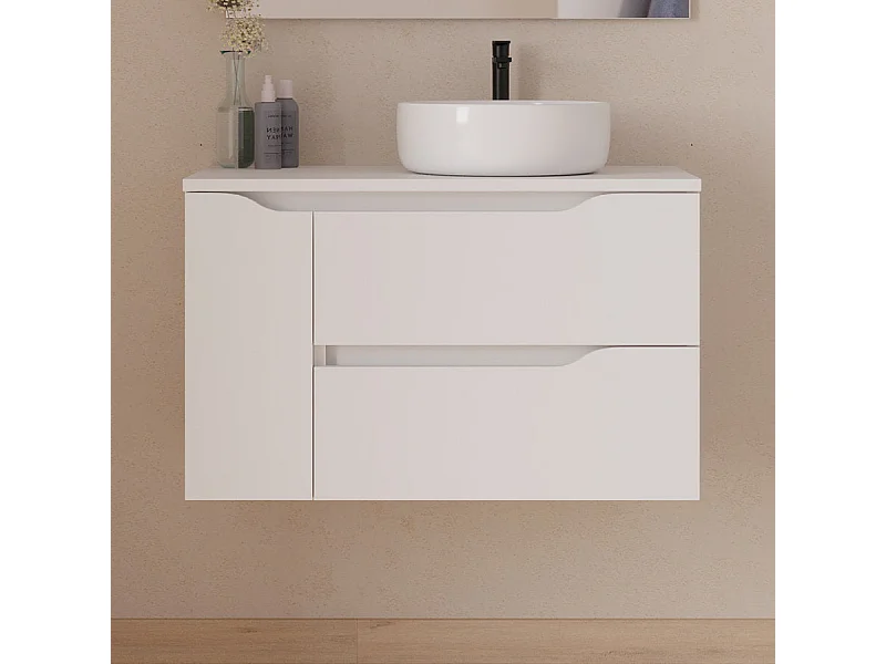 Meuble de salle de bain 80cm avec plateau et vasque à poser à droite Ares - sans miroir - 2 tiroirs et un placard - blanc - ZARZA