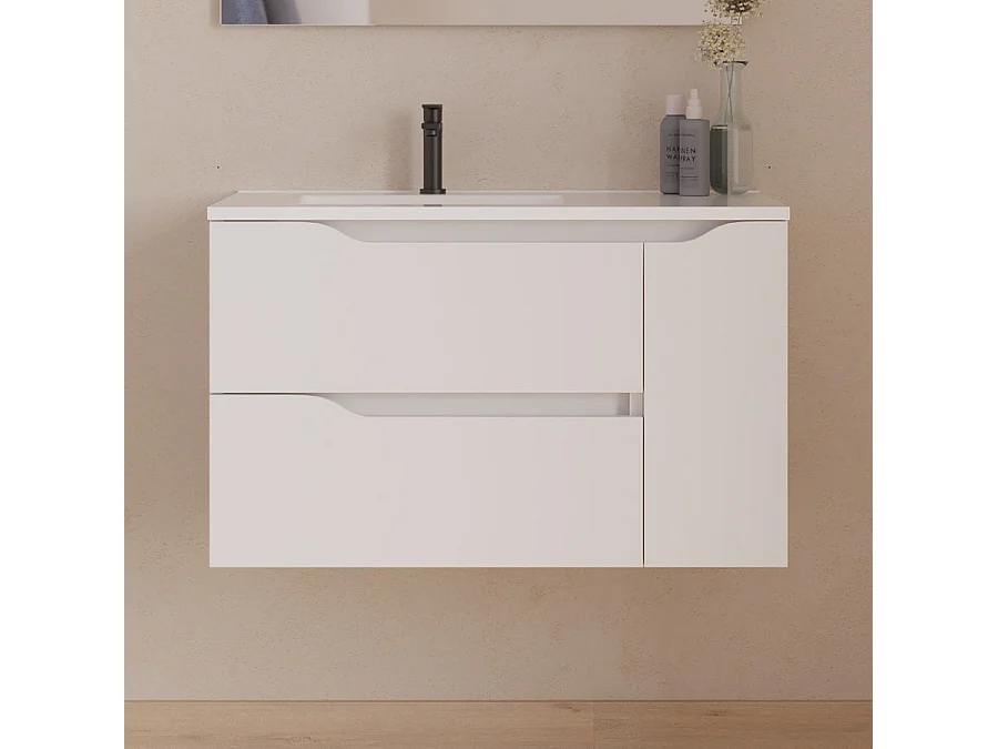 Meuble de salle de bain 80cm avec vasque déportée à gauche - sans miroir - 2 tiroirs et un placard - blanc - ZARZA