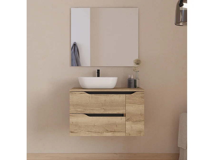 Meuble de salle de bain 80cm avec plateau, vasque à poser déportée à gauche Zeus et miroir - 2 tiroirs et un placard - madera miel (bois clair) - ZARZA