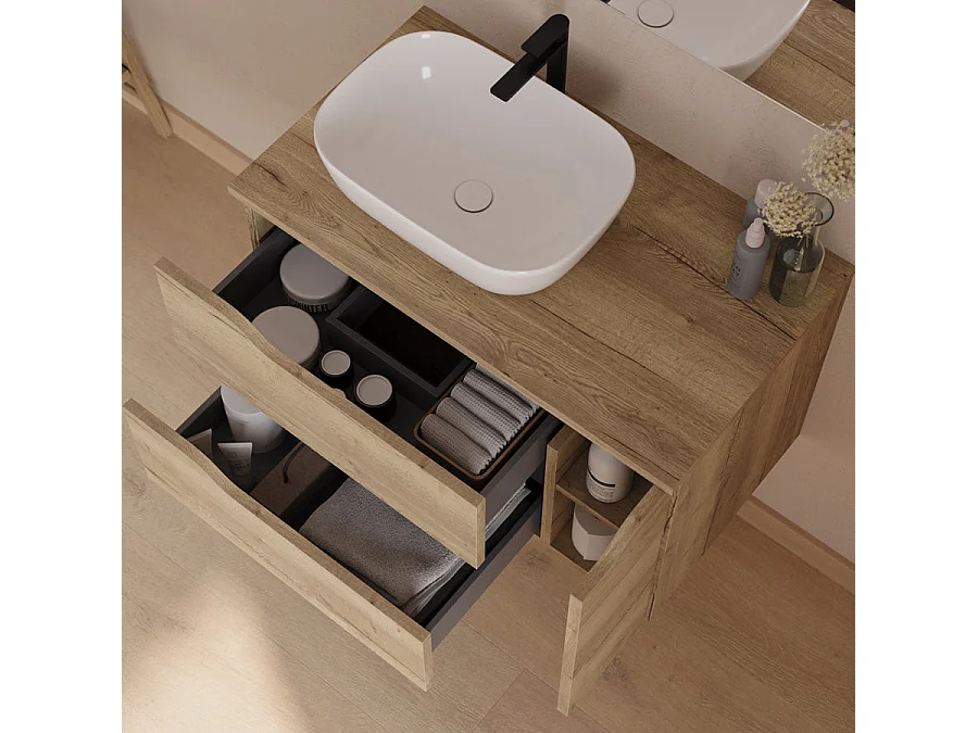 Meuble de salle de bain 80cm avec plateau, vasque à poser déportée à gauche Zeus et miroir - 2 tiroirs et un placard - madera miel (bois clair) - ZARZA