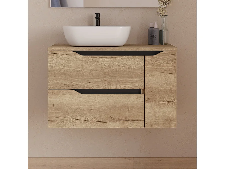 Meuble de salle de bain 80cm avec plateau, vasque à poser déportée à gauche Zeus et miroir - 2 tiroirs et un placard - madera miel (bois clair) - ZARZA