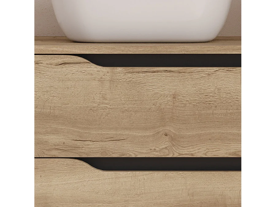 Meuble de salle de bain 80cm avec plateau, vasque à poser déportée à gauche Zeus et miroir - 2 tiroirs et un placard - madera miel (bois clair) - ZARZA