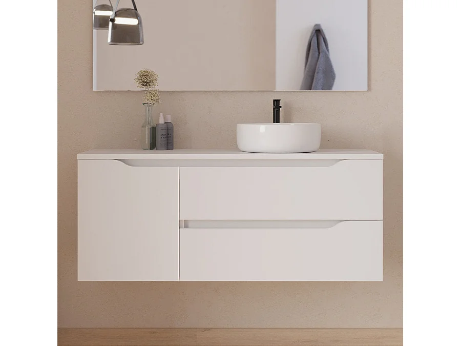 Meuble de salle de bain 120cm avec plateau, vasque à poser déportée à droite Ares et miroir - 2 tiroirs et un placard - blanc - ZARZA