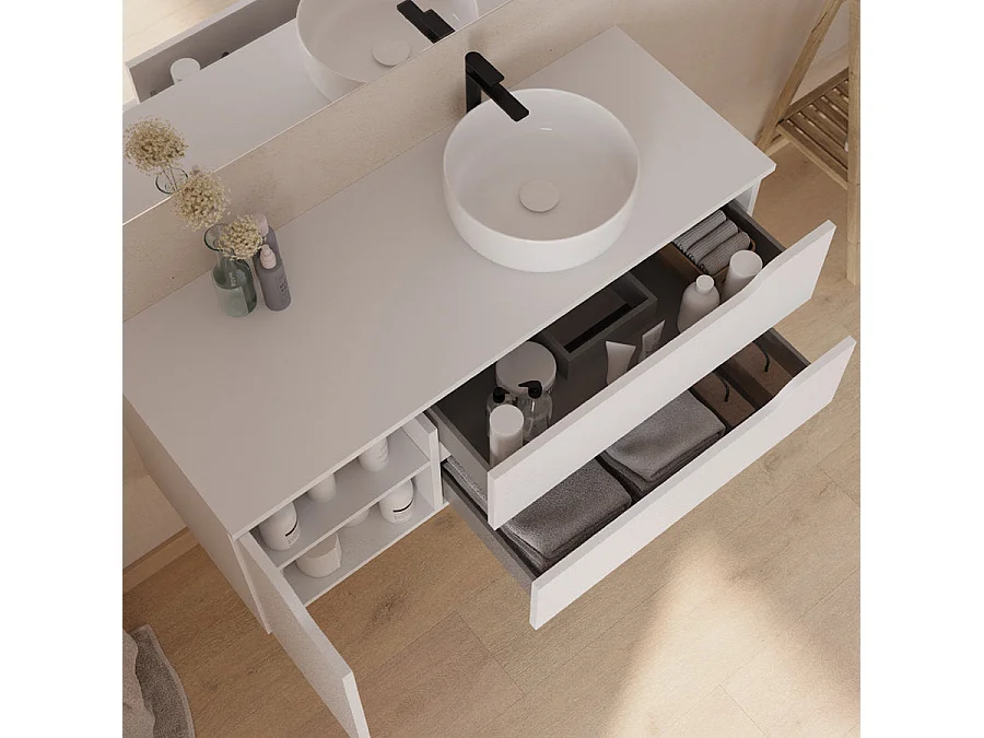 Meuble de salle de bain 120cm avec plateau, vasque à poser déportée à droite Ares et miroir - 2 tiroirs et un placard - blanc - ZARZA