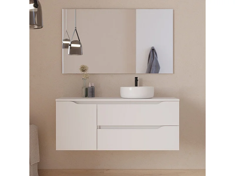 Meuble de salle de bain 120cm avec plateau, vasque à poser déportée à droite Ares et miroir - 2 tiroirs et un placard - blanc - ZARZA