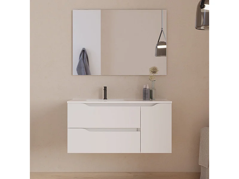 Meuble de salle de bain 100cm avec vasque déportée à gauche et miroir - 2 tiroirs et un placard - blanc - ZARZA