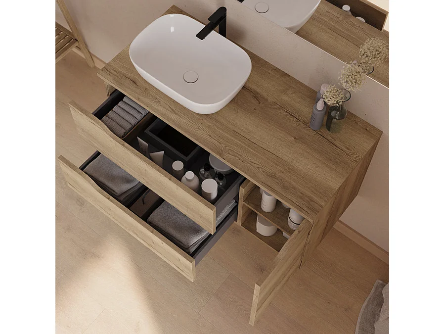 Meuble de salle de bain 100cm avec plateau et vasque à poser à gauche Zeus - sans miroir - 2 tiroirs et un placard - madera miel (bois clair) - ZARZA