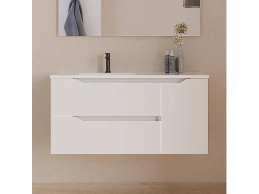 Meuble de salle de bain 100cm avec vasque déportée à gauche - sans miroir - 2 tiroirs et un placard - blanc - ZARZA