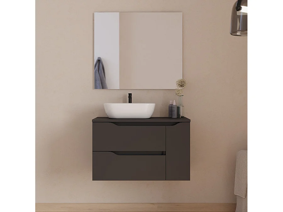 Meuble de salle de bain 80cm avec plateau, vasque à poser déportée à gauche Zeus et miroir - 2 tiroirs et un placard - noir - ZARZA
