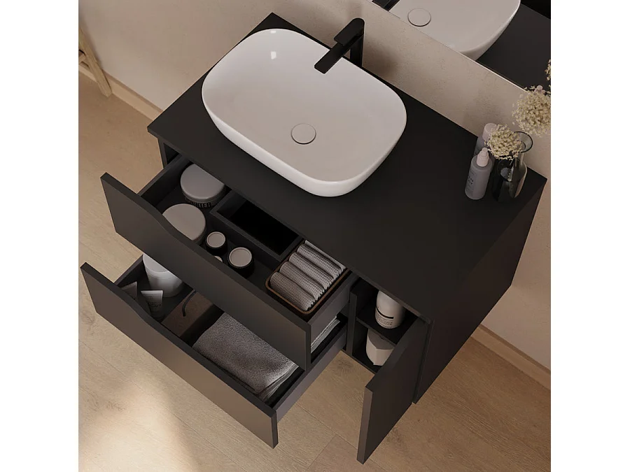 Meuble de salle de bain 80cm avec plateau, vasque à poser déportée à gauche Zeus et miroir - 2 tiroirs et un placard - noir - ZARZA