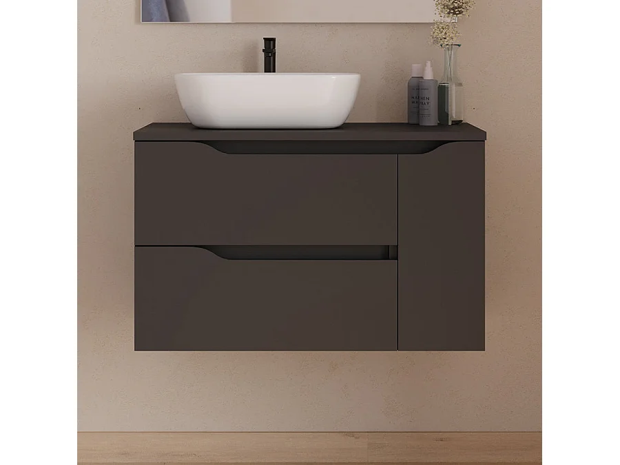 Meuble de salle de bain 80cm avec plateau, vasque à poser déportée à gauche Zeus et miroir - 2 tiroirs et un placard - noir - ZARZA