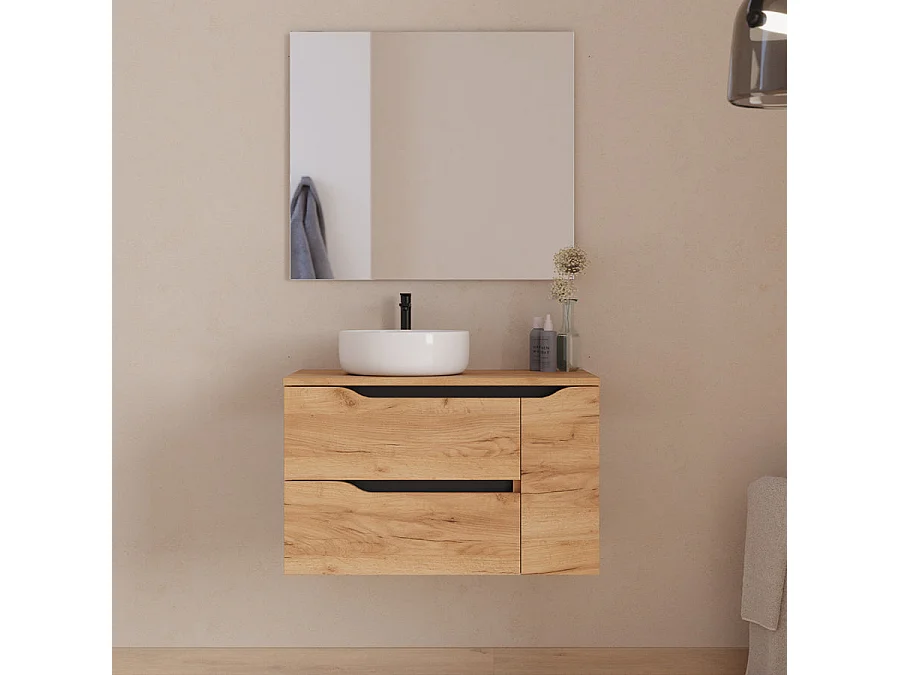 Meuble de salle de bain 80cm avec plateau, vasque à poser déportée à gauche Ares et miroir - 2 tiroirs et un placard - roble (chêne clair) - ZARZA