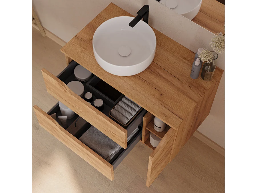 Meuble de salle de bain 80cm avec plateau, vasque à poser déportée à gauche Ares et miroir - 2 tiroirs et un placard - roble (chêne clair) - ZARZA