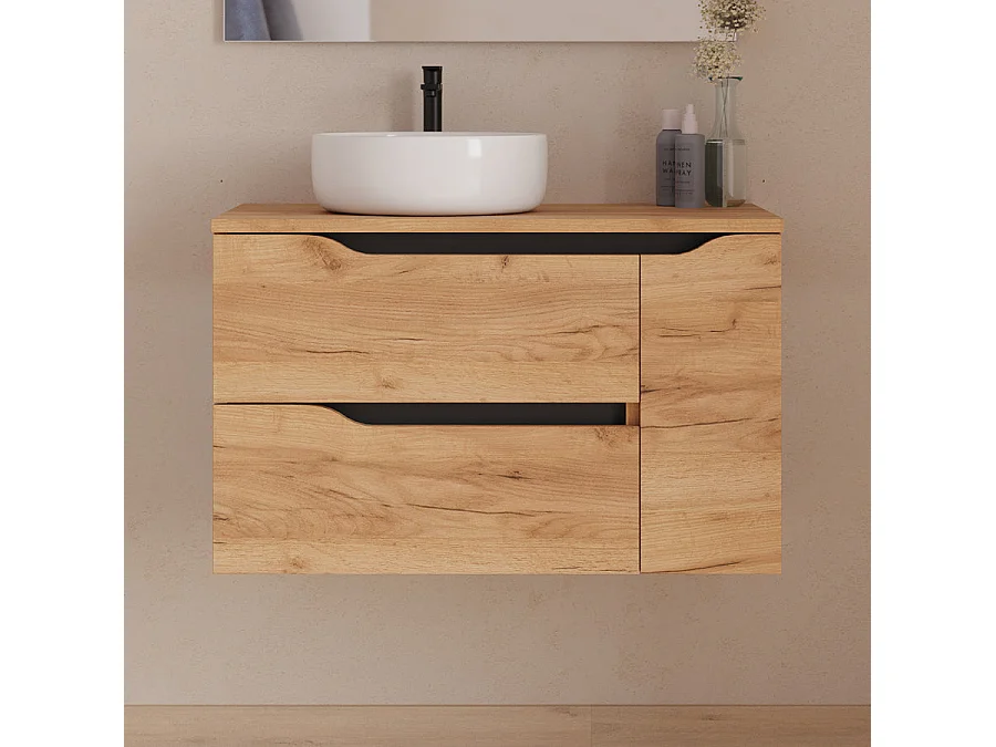 Meuble de salle de bain 80cm avec plateau, vasque à poser déportée à gauche Ares et miroir - 2 tiroirs et un placard - roble (chêne clair) - ZARZA