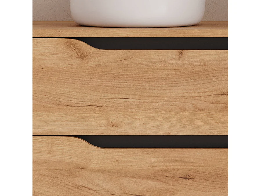 Meuble de salle de bain 80cm avec plateau, vasque à poser déportée à gauche Ares et miroir - 2 tiroirs et un placard - roble (chêne clair) - ZARZA