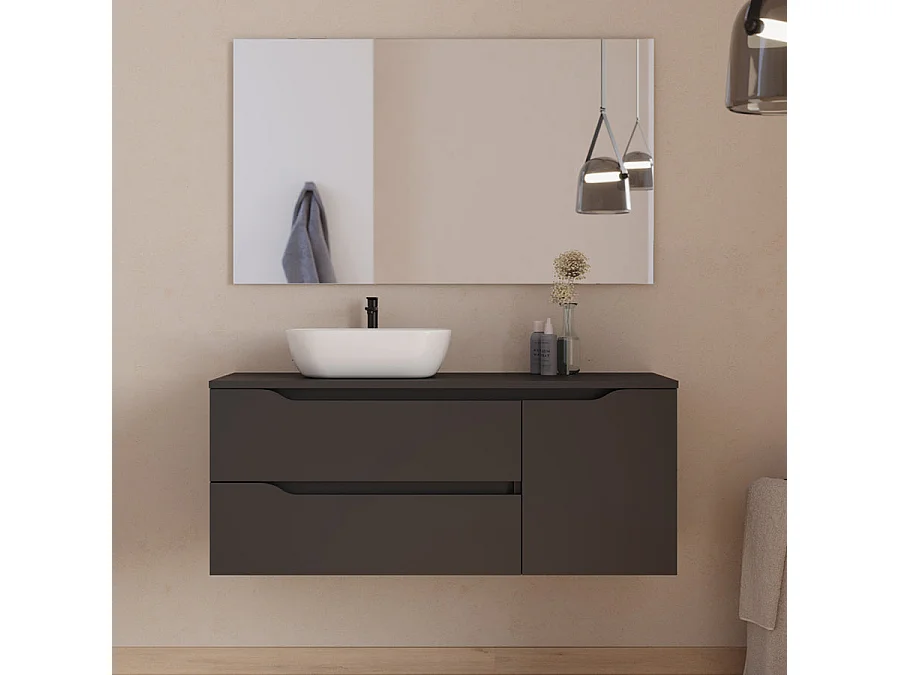 Meuble de salle de bain 120cm avec plateau et vasque à poser à gauche Zeus - sans miroir - 2 tiroirs et un placard - noir - ZARZA