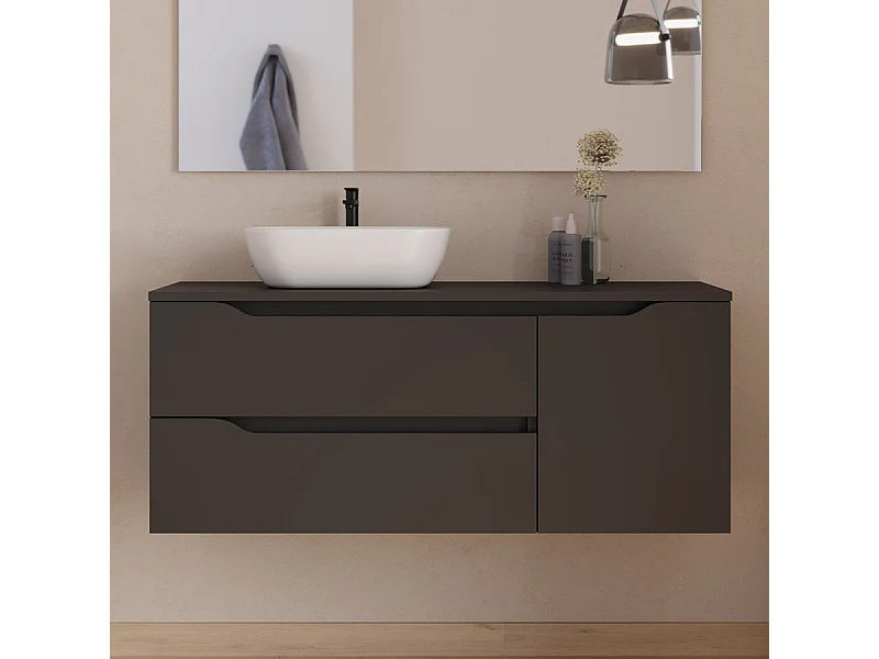 Meuble de salle de bain 120cm avec plateau et vasque à poser à gauche Zeus - sans miroir - 2 tiroirs et un placard - noir - ZARZA