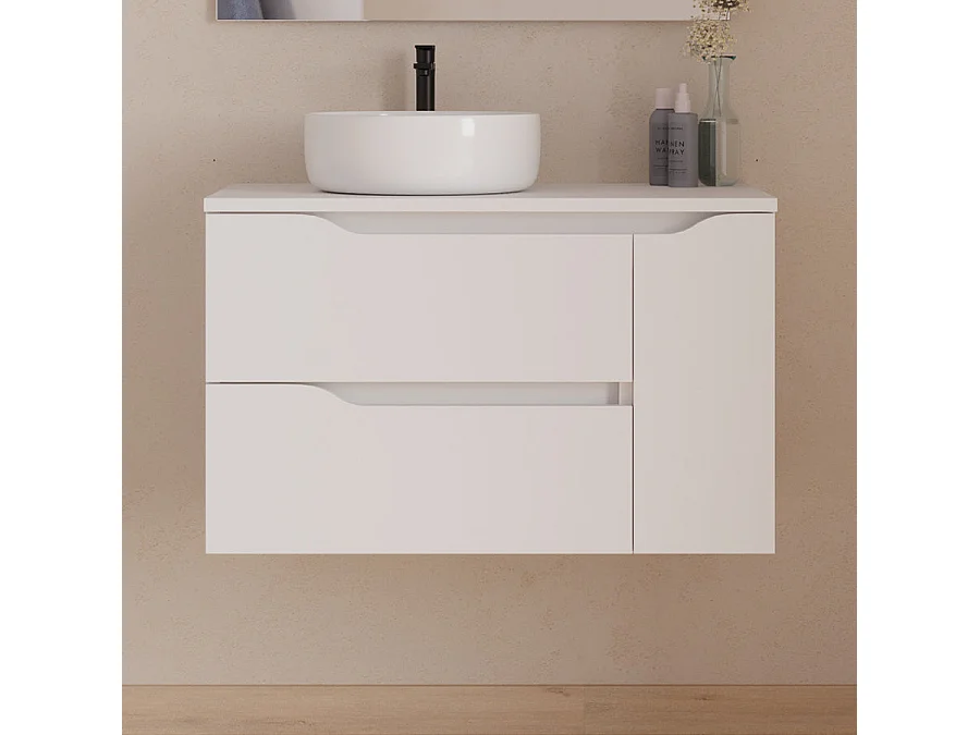 Meuble de salle de bain 80cm avec plateau et vasque à poser à gauche Ares - sans miroir - 2 tiroirs et un placard - blanc - ZARZA