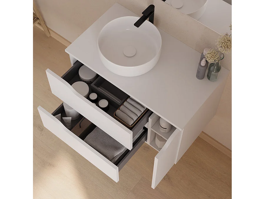 Meuble de salle de bain 80cm avec plateau et vasque à poser à gauche Ares - sans miroir - 2 tiroirs et un placard - blanc - ZARZA