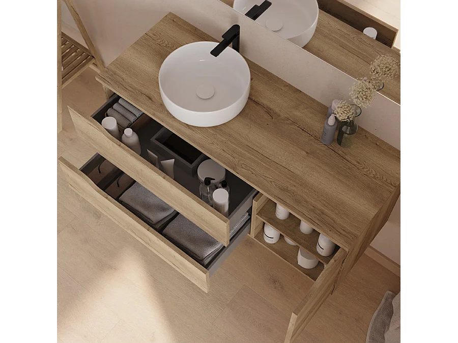 Meuble de salle de bain 120cm avec plateau et vasque à poser à gauche Ares - sans miroir - 2 tiroirs et un placard - madera miel (bois clair) - ZARZA