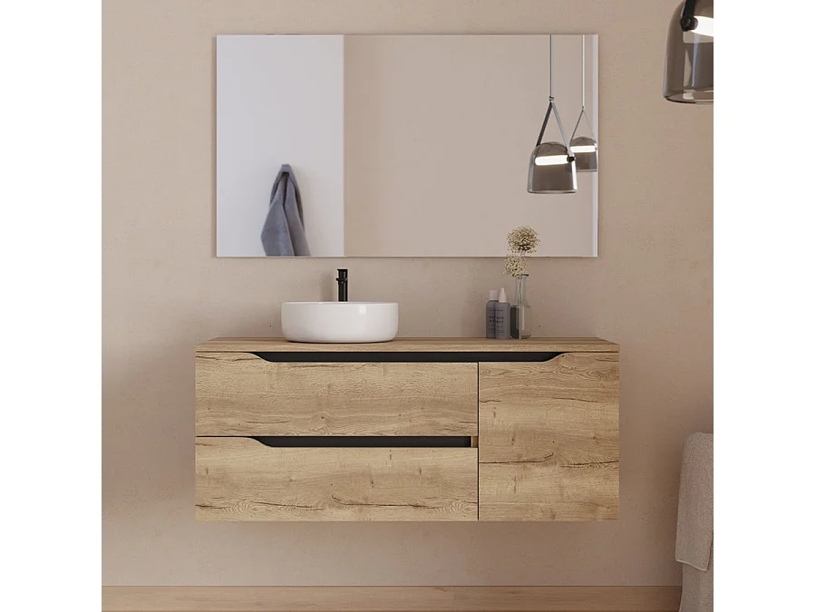 Meuble de salle de bain 120cm avec plateau et vasque à poser à gauche Ares - sans miroir - 2 tiroirs et un placard - madera miel (bois clair) - ZARZA