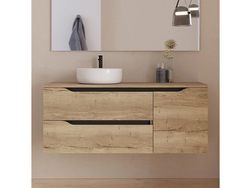 Meuble de salle de bain 120cm avec plateau et vasque à poser à gauche Ares - sans miroir - 2 tiroirs et un placard - madera miel (bois clair) - ZARZA