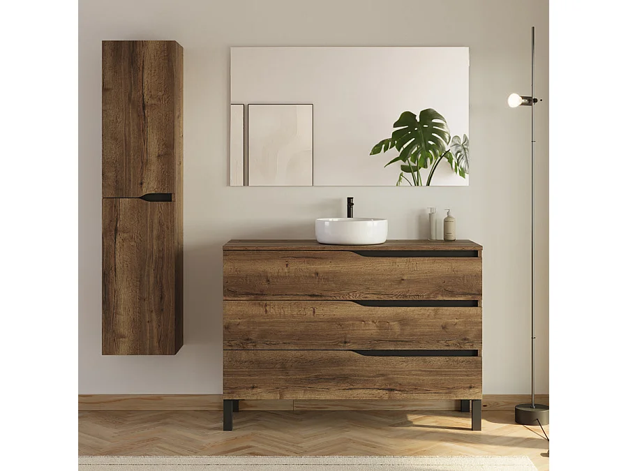 Meuble de salle de bain 120cm avec plateau et vasque ronde Ares - 3 tiroirs et colonne de rangement - tabaco (chêne foncé) - MATA
