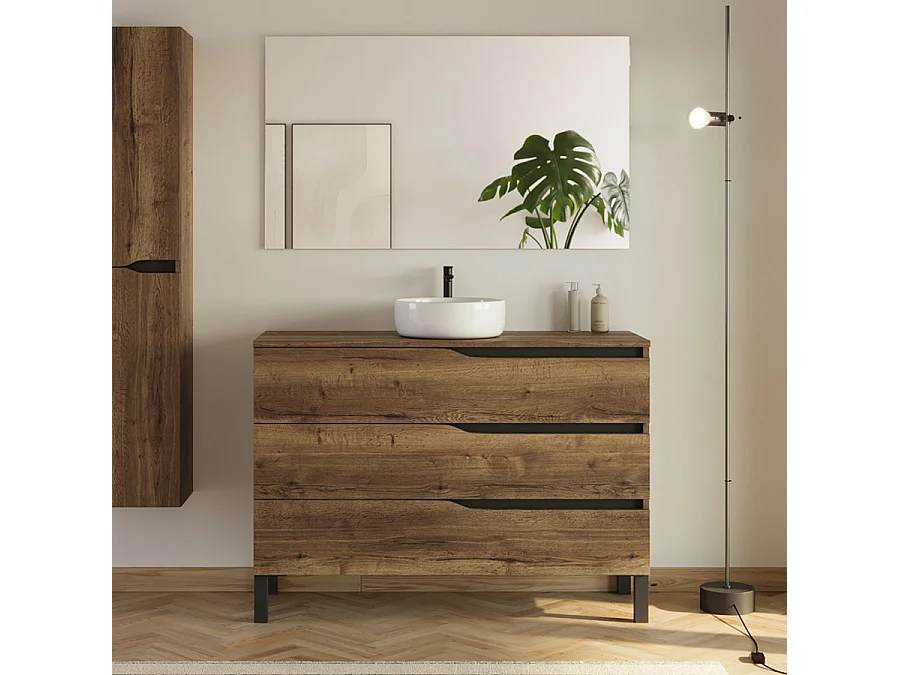 Meuble de salle de bain 120cm avec plateau et vasque ronde Ares - 3 tiroirs et colonne de rangement - tabaco (chêne foncé) - MATA