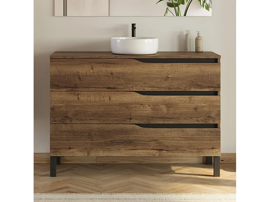 Meuble de salle de bain 120cm avec plateau et vasque ronde Ares - 3 tiroirs et colonne de rangement - tabaco (chêne foncé) - MATA