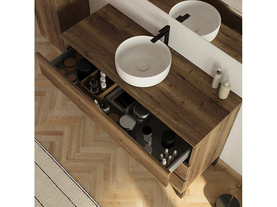 Meuble de salle de bain 120cm avec plateau et vasque ronde Ares - 3 tiroirs et colonne de rangement - tabaco (chêne foncé) - MATA
