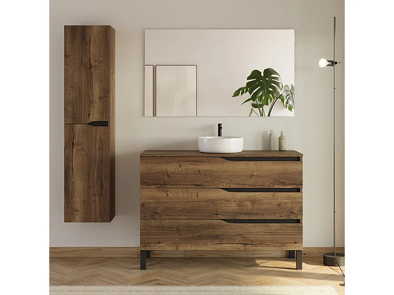 Meuble de salle de bain 120cm avec plateau et vasque ronde Ares - 3 tiroirs et colonne de rangement - tabaco (chêne foncé) - MATA