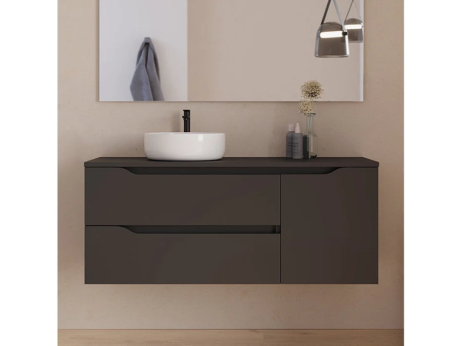 Meuble de salle de bain 120cm avec plateau et vasque à poser à gauche Ares - sans miroir - 2 tiroirs et un placard - noir - ZARZA