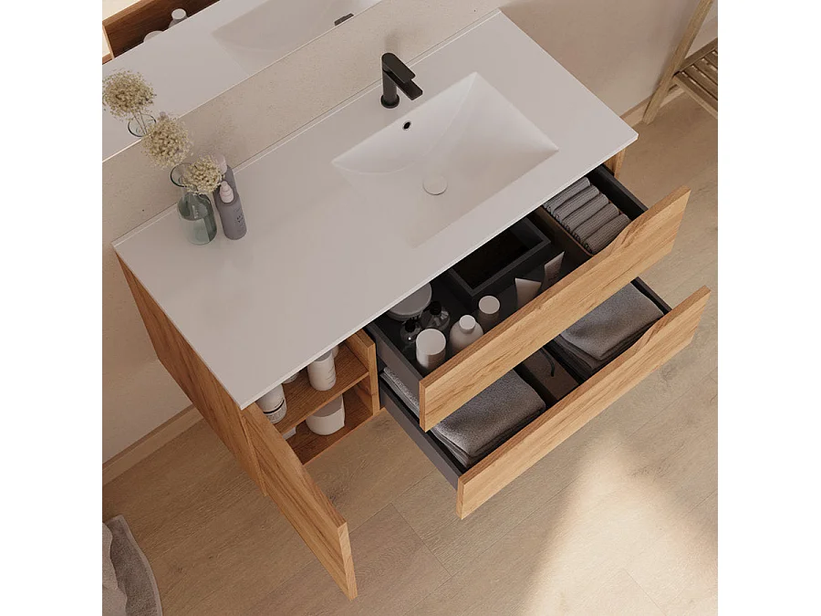 Meuble de salle de bain 120cm avec vasque déportée à droite - sans miroir - 2 tiroirs et un placard - roble (chêne clair) - ZARZA