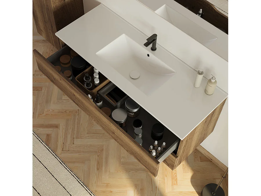 Meuble de salle de bain 120cm simple vasque - 2 tiroirs - tabaco (bois foncé) - LUNA