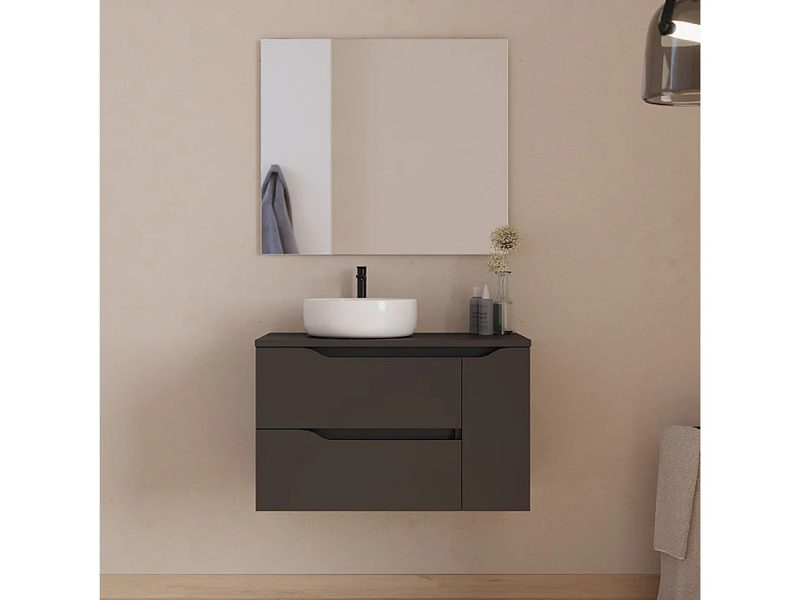 Meuble de salle de bain 80cm avec plateau et vasque à poser à gauche Ares - sans miroir - 2 tiroirs et un placard - noir - ZARZA