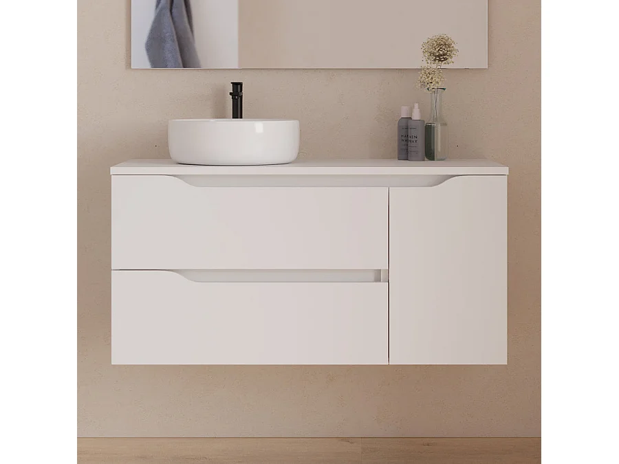 Meuble de salle de bain 100cm avec plateau et vasque à poser à gauche Ares - sans miroir - 2 tiroirs et un placard - blanc - ZARZA