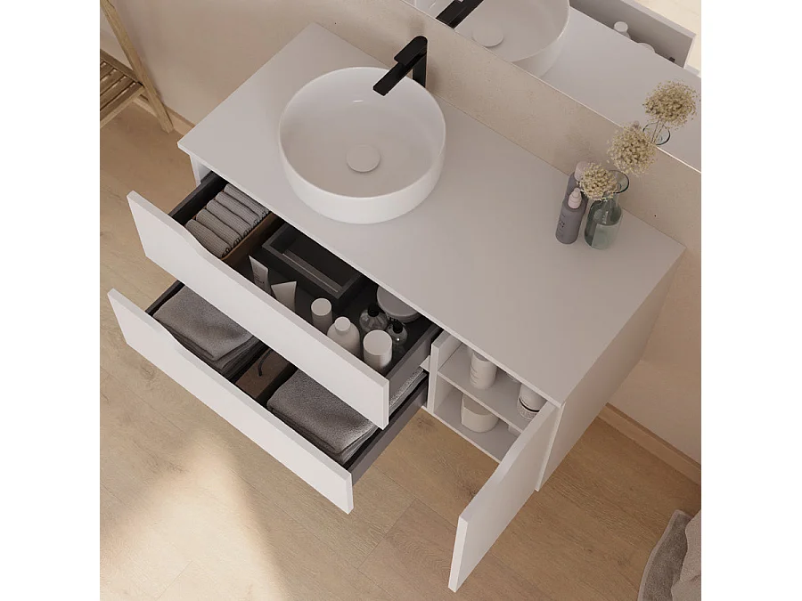 Meuble de salle de bain 100cm avec plateau et vasque à poser à gauche Ares - sans miroir - 2 tiroirs et un placard - blanc - ZARZA