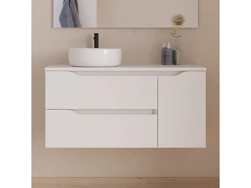 Meuble de salle de bain 100cm avec plateau et vasque à poser à gauche Ares - sans miroir - 2 tiroirs et un placard - blanc - ZARZA