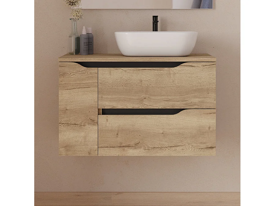 Meuble de salle de bain 80cm avec plateau, vasque à poser déportée à droite Zeus et miroir - 2 tiroirs et un placard - madera miel (bois clair) - ZARZA