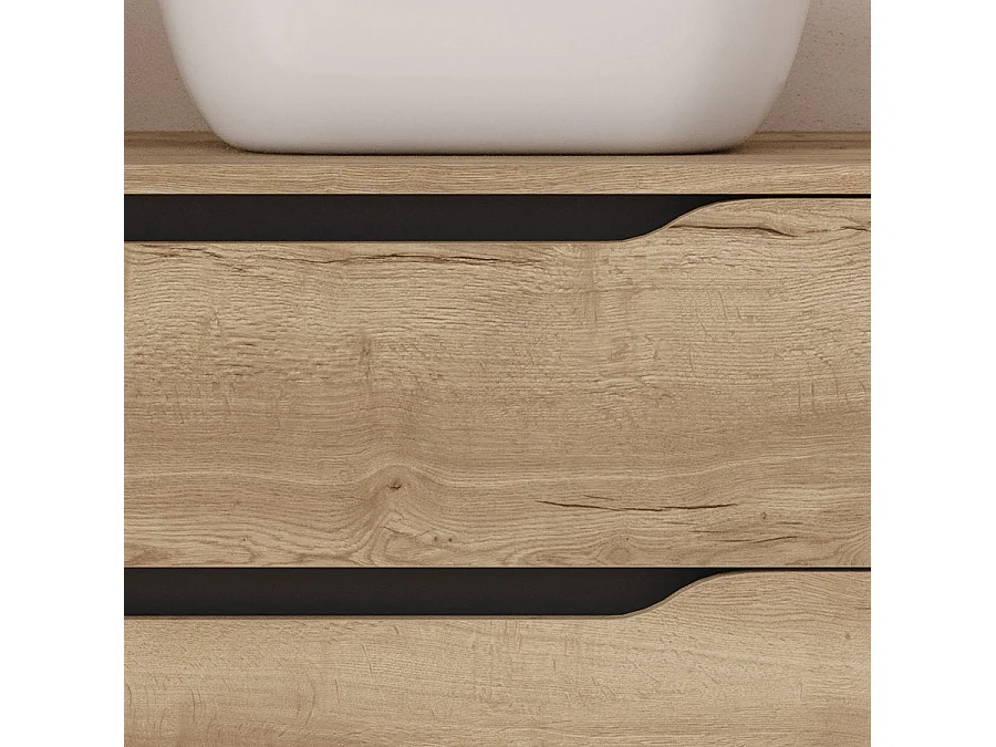 Meuble de salle de bain 80cm avec plateau, vasque à poser déportée à droite Zeus et miroir - 2 tiroirs et un placard - madera miel (bois clair) - ZARZA