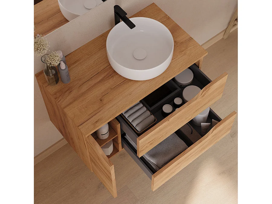 Meuble de salle de bain 80cm avec plateau et vasque à poser à droite Ares - sans miroir - 2 tiroirs et un placard - roble (chêne clair) - ZARZA